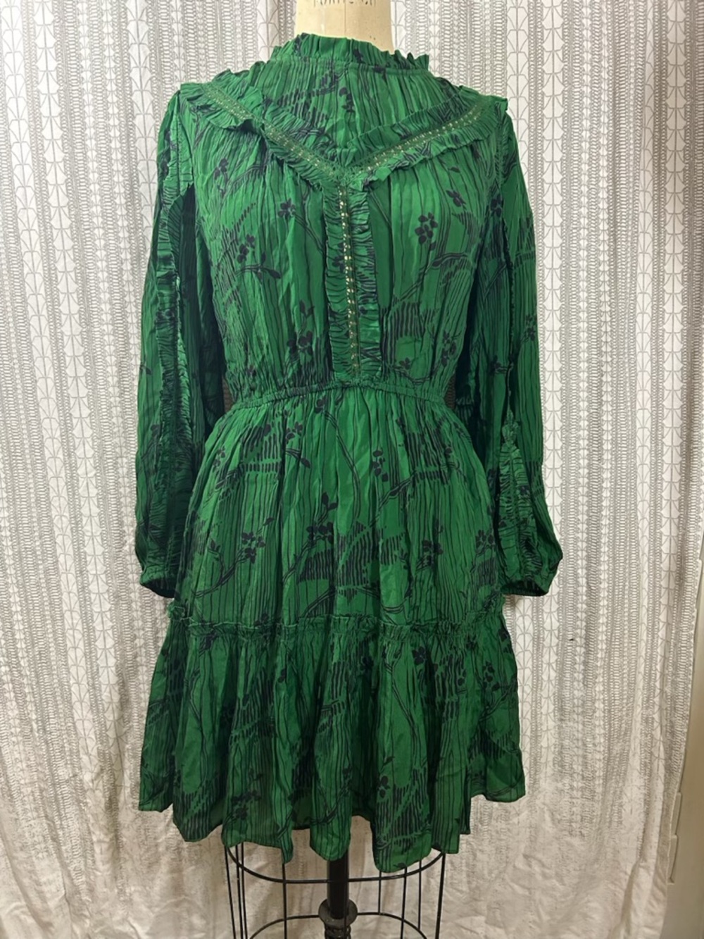 Sea New York Green Long-Sleeve Tiered Dress with Black Floral Print